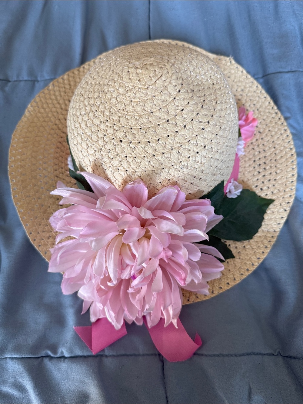 Straw Sun Hat with Pink Flower Accent